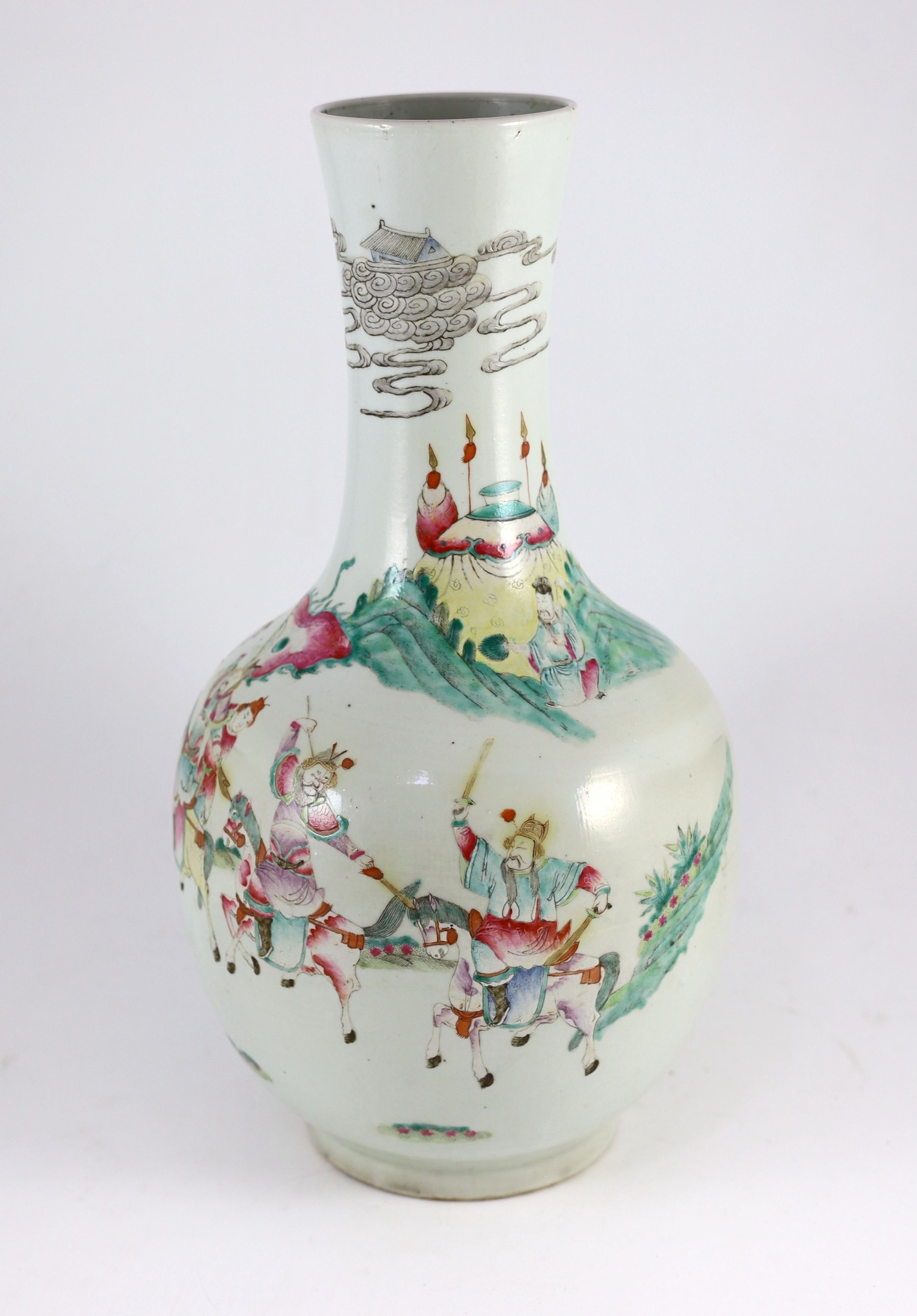 A Chinese famille rose 'warriors' bottle vase, early 20th century, 45cm high